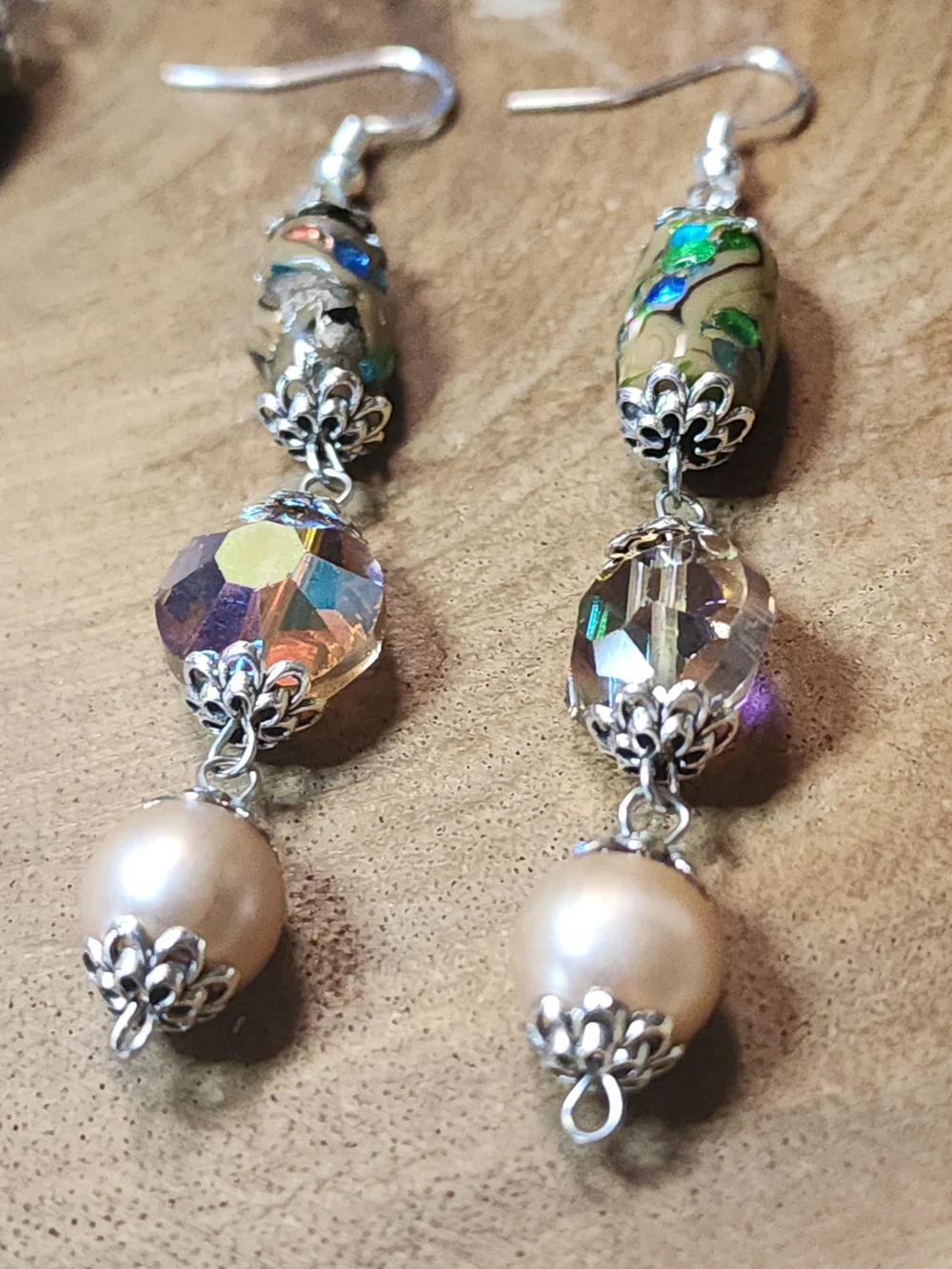 Bracelet & Earrings Set With Faux Pearls & AB Glass Crystal & Lampwork Beads - Picture 8 of 8